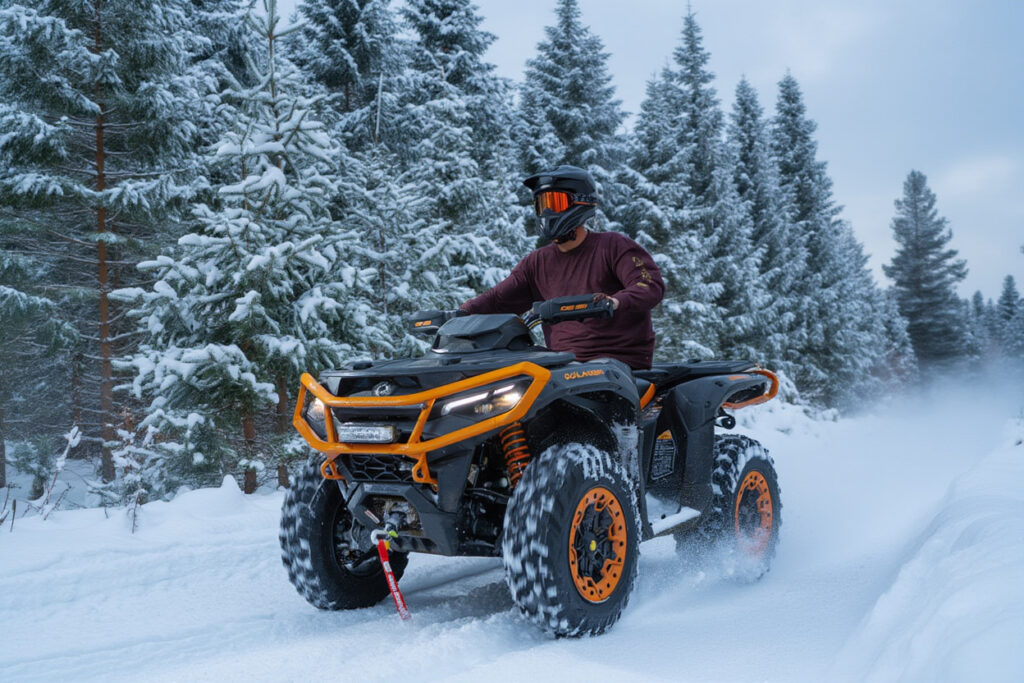 Outlander 1000R hiver Quad Outlander sur une piste enneigée